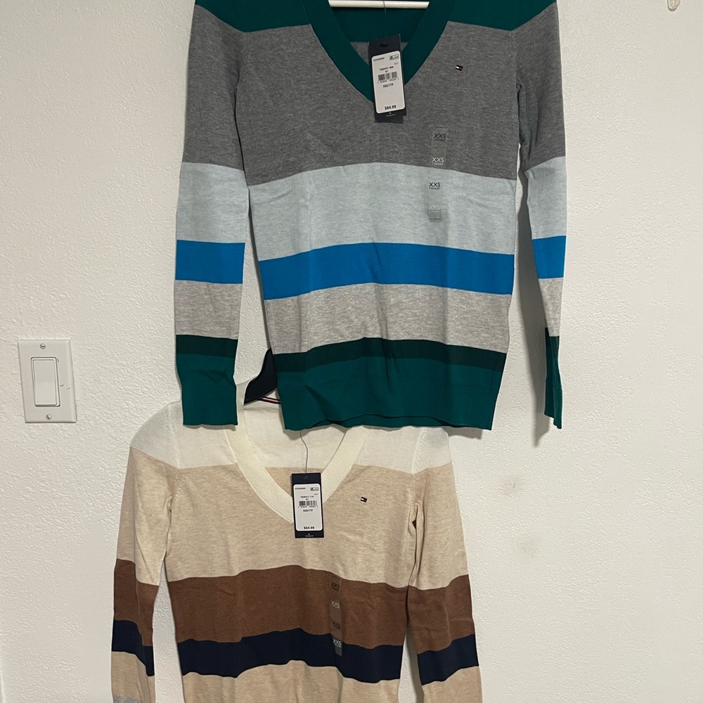 Tommy Hilfiger Striped V-Neck Sweaters - Gray, Blue, Green and Cream, Brown